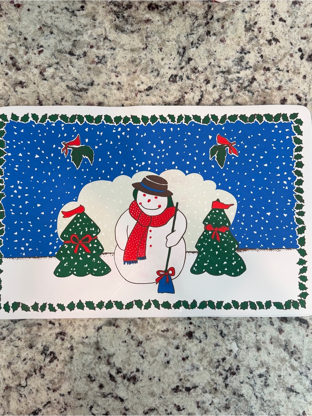 Vintage Vinyl Placemats - Snowman Christmas Trees Holly - Set of 8